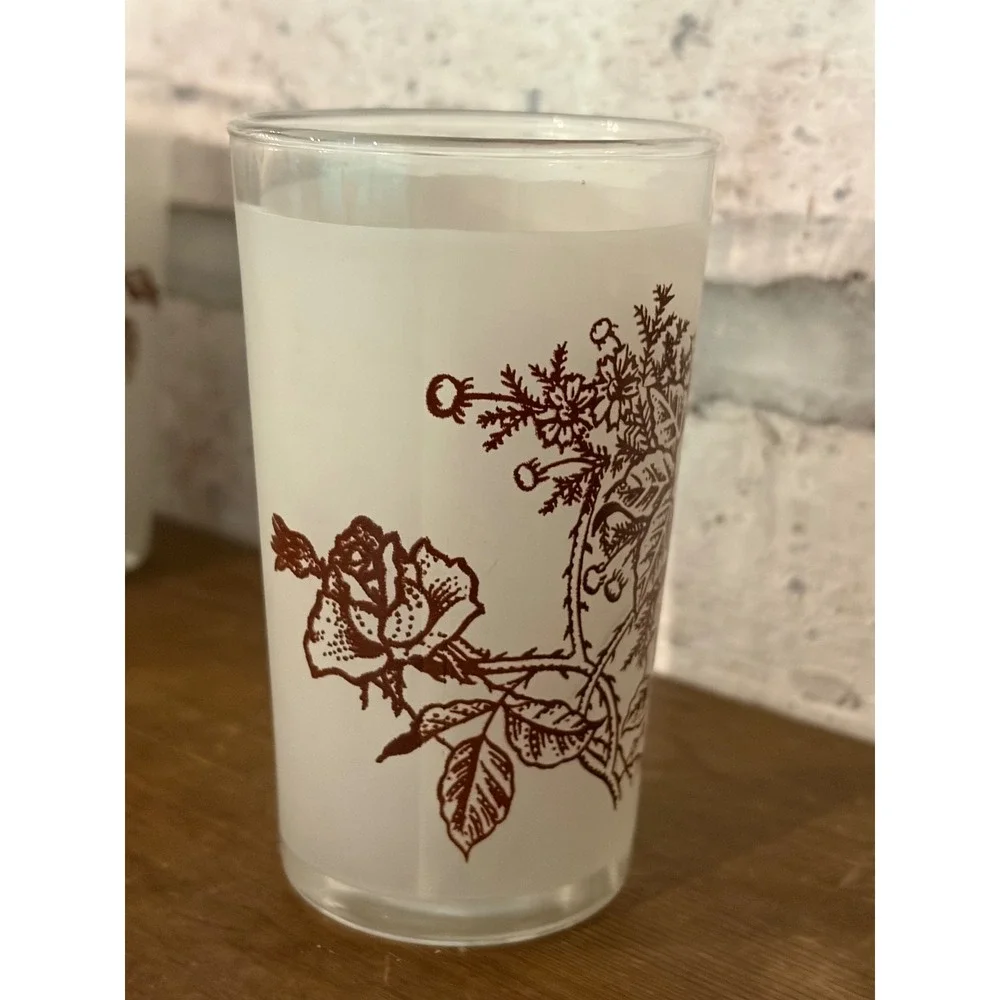 Swanky Swig Vintage MCM Frosted Glass Tumblers Brown Rose Floral 8 Oz Set Of 6